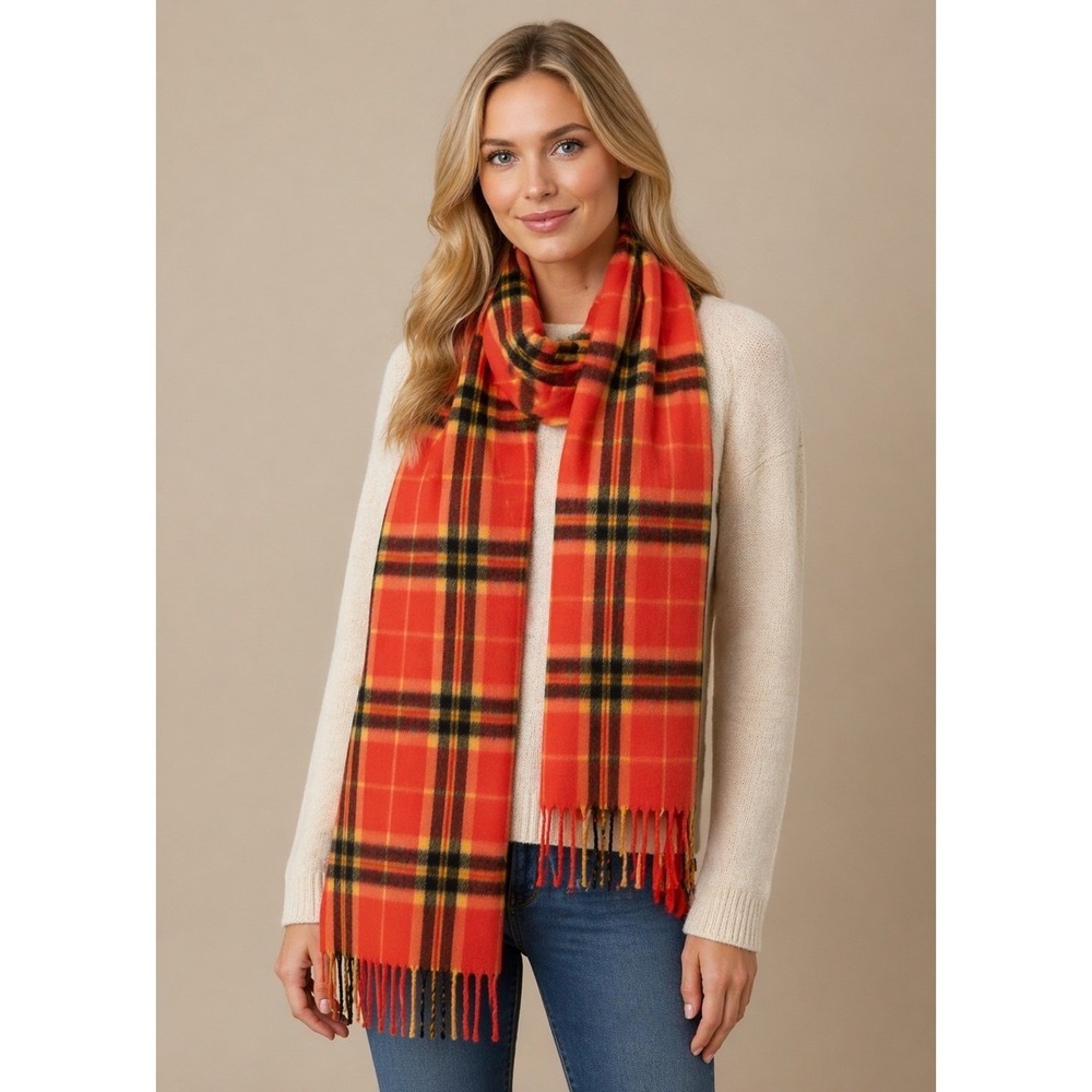 Cumbrae 100% Cashmere Scarf Orange Plaid Made in Scotland Fringed Luxury